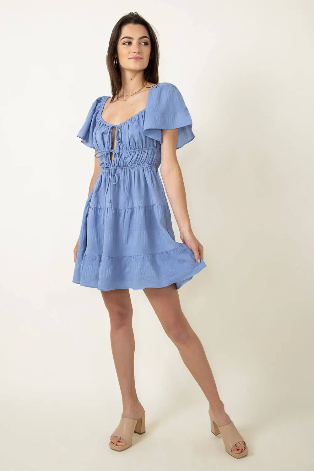 ACOA Tie Front Tiered Gauze Dress for Women in Blue | ACD70528-BLUE