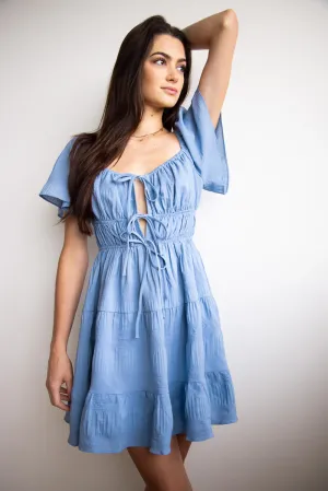 ACOA Tie Front Tiered Gauze Dress for Women in Blue | ACD70528-BLUE