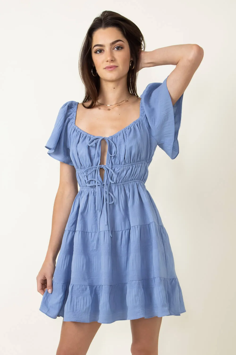 ACOA Tie Front Tiered Gauze Dress for Women in Blue | ACD70528-BLUE