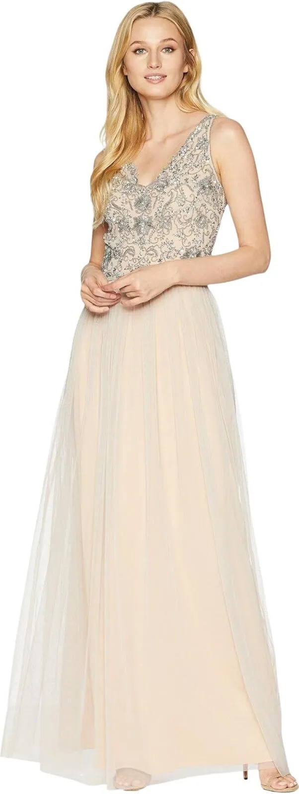 Adrianna Papell Beaded Sleeveless V Neck Bodice Gown Dress Silver Gray / Nude 10