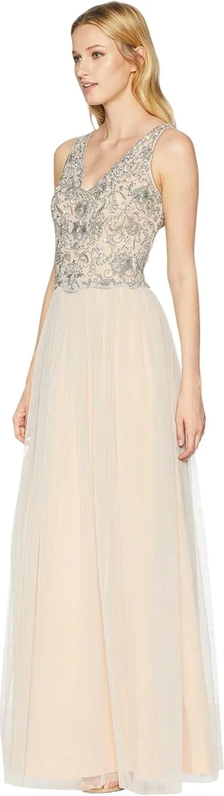 Adrianna Papell Beaded Sleeveless V Neck Bodice Gown Dress Silver Gray / Nude 10