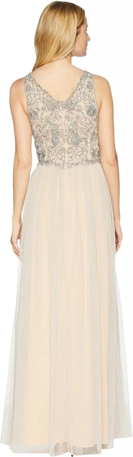 Adrianna Papell Beaded Sleeveless V Neck Bodice Gown Dress Silver Gray / Nude 10