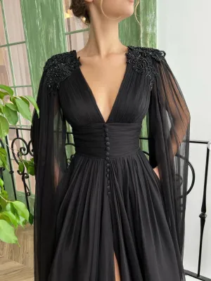 Aline V Neck Chiffon Black Long Prom Dress, Black Chiffon Formal Dresses