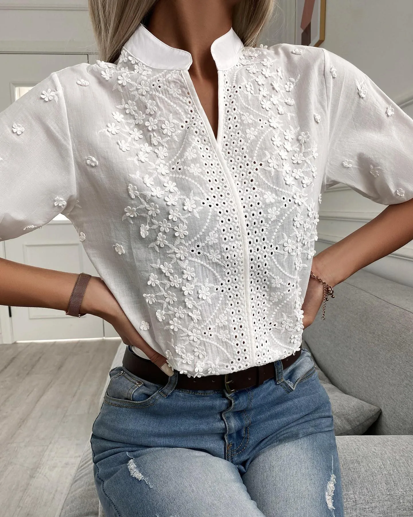 Angetrude® | Women'S Lace Blouse With High Neckline And V-Neck