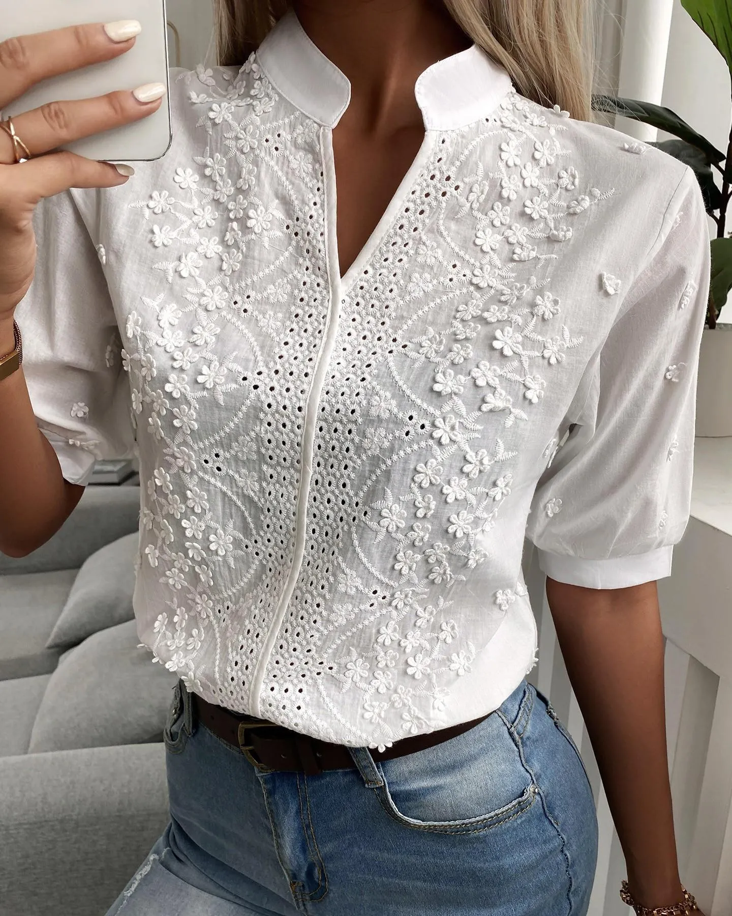 Angetrude® | Women'S Lace Blouse With High Neckline And V-Neck