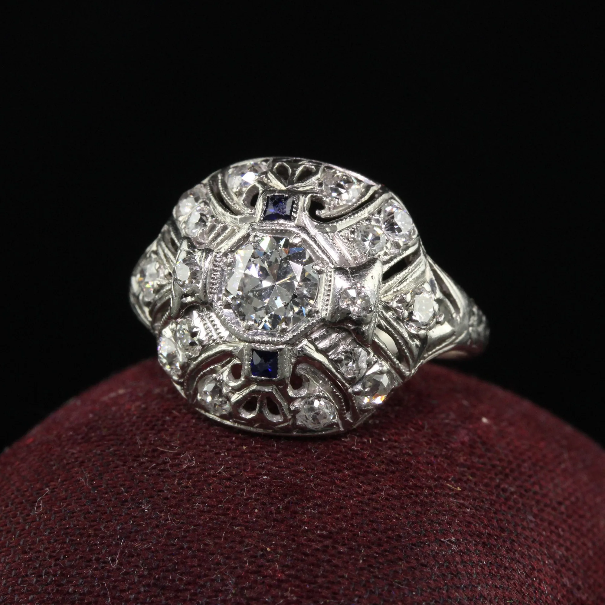 Antique Art Deco Platinum Old European Cut Diamond and Sapphire Cocktail Ring