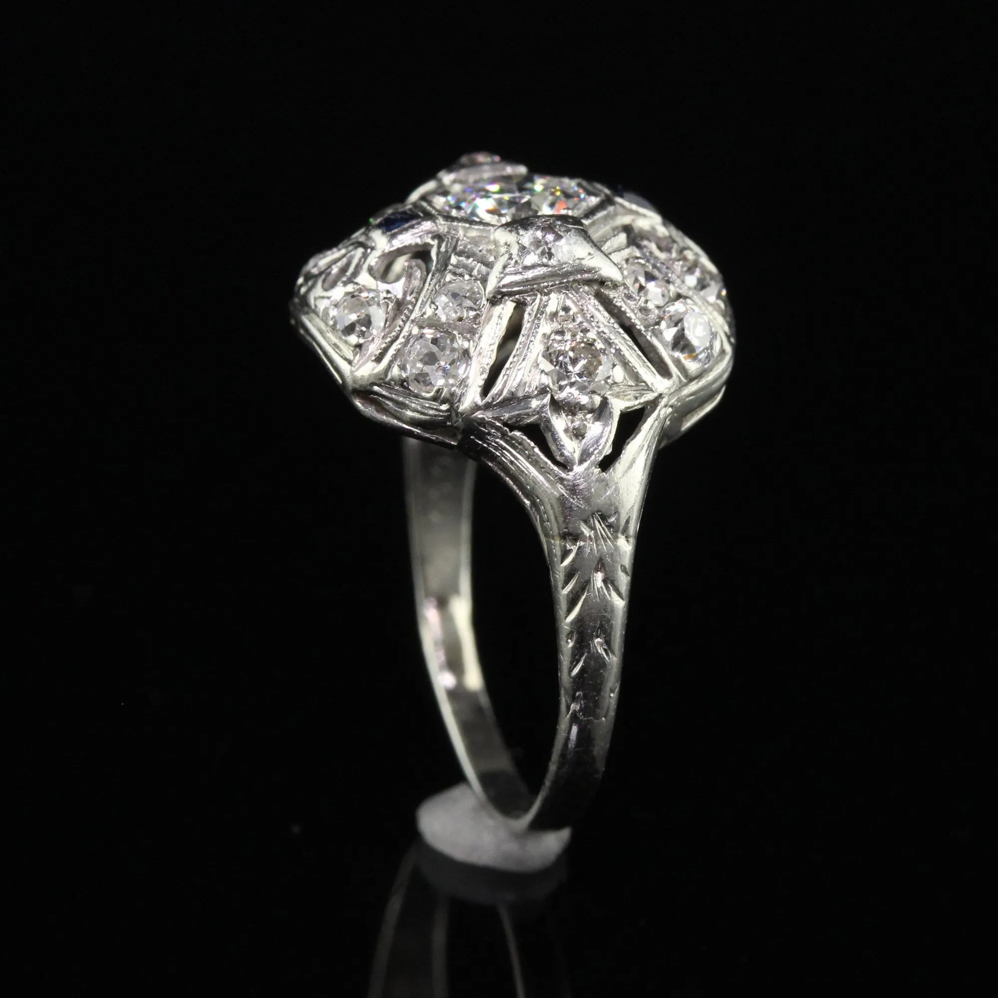 Antique Art Deco Platinum Old European Cut Diamond and Sapphire Cocktail Ring