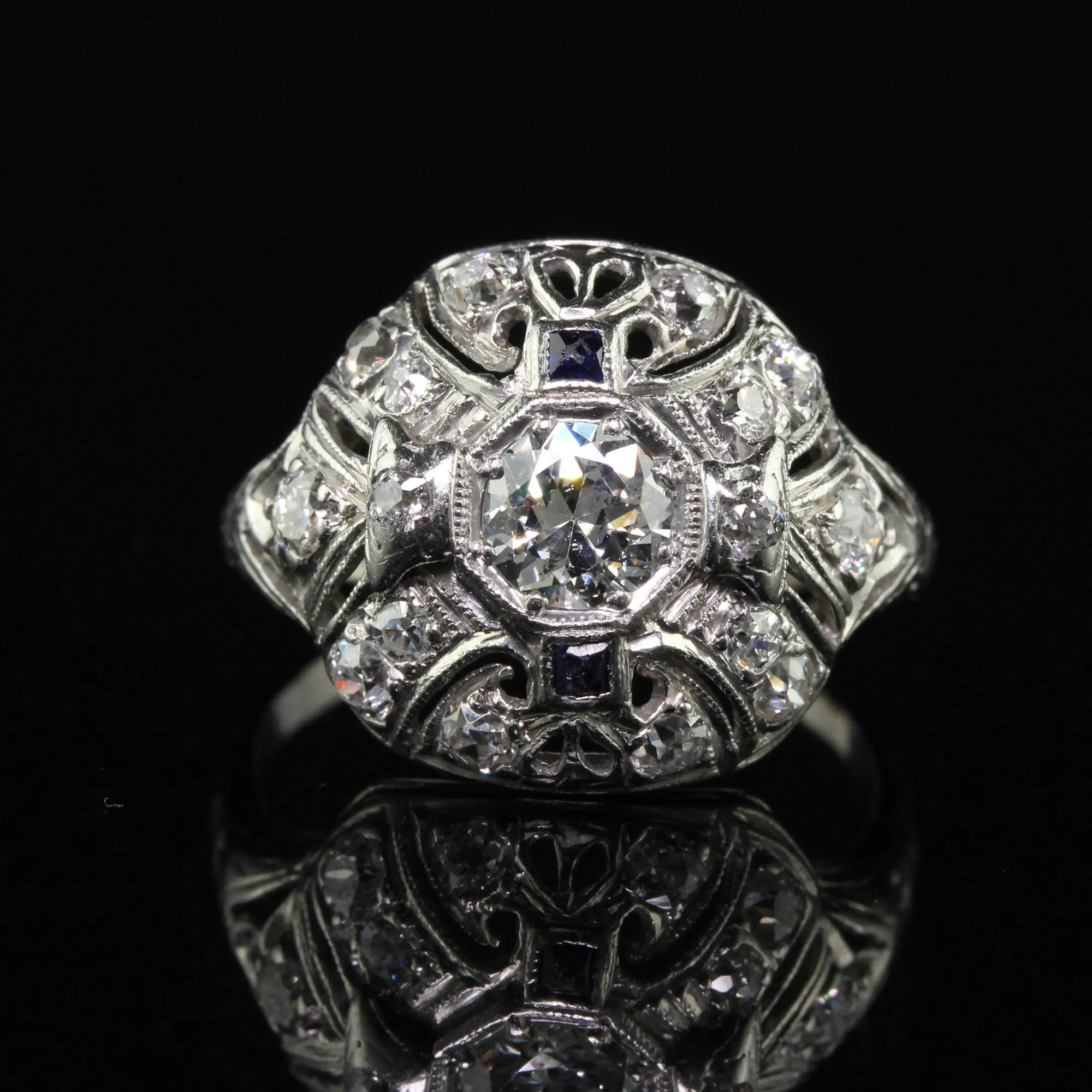 Antique Art Deco Platinum Old European Cut Diamond and Sapphire Cocktail Ring