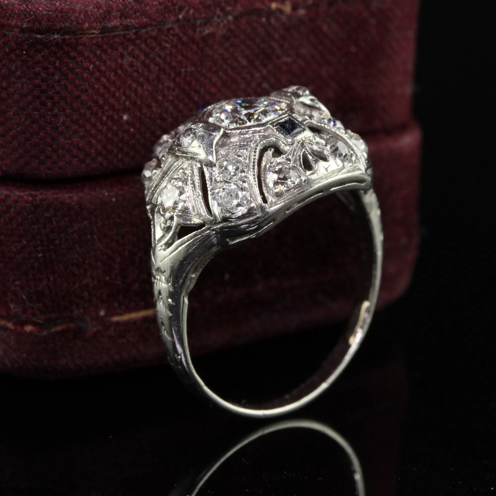 Antique Art Deco Platinum Old European Cut Diamond and Sapphire Cocktail Ring
