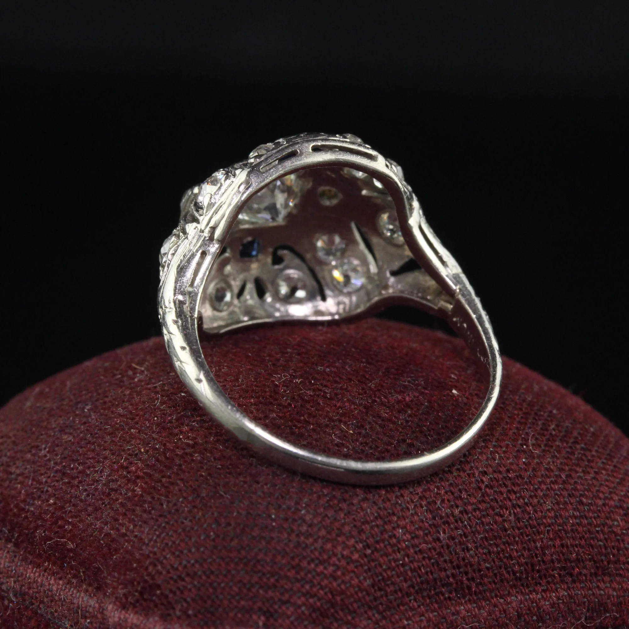 Antique Art Deco Platinum Old European Cut Diamond and Sapphire Cocktail Ring