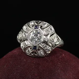 Antique Art Deco Platinum Old European Cut Diamond and Sapphire Cocktail Ring