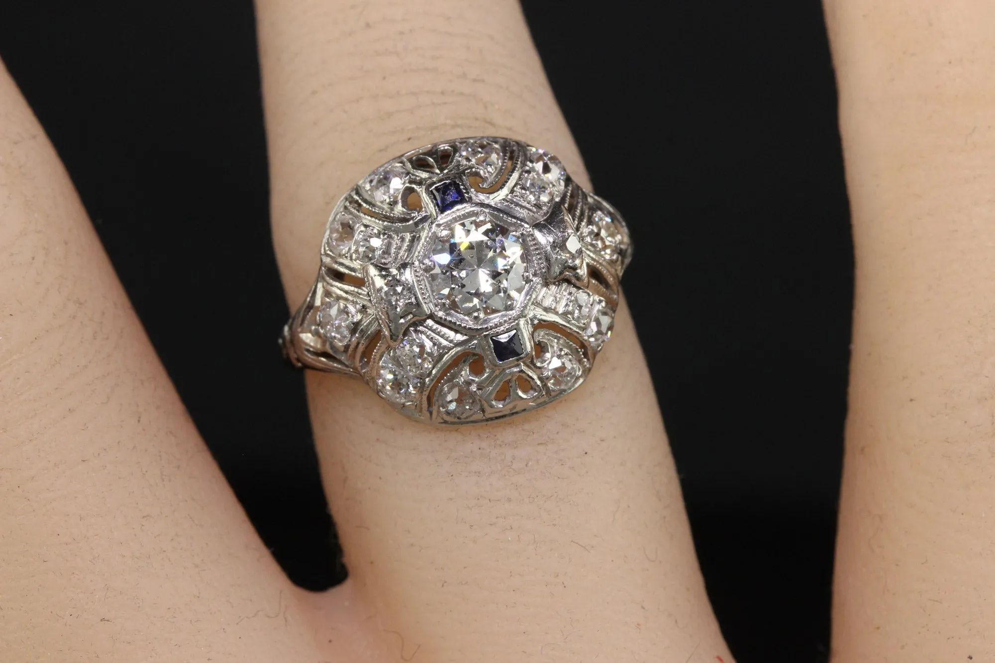 Antique Art Deco Platinum Old European Cut Diamond and Sapphire Cocktail Ring