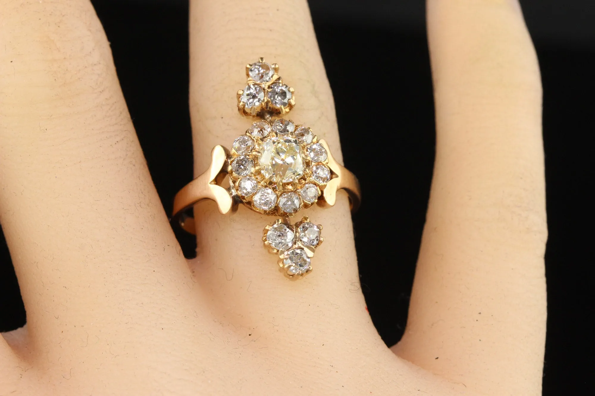 Antique Victorian 18K Yellow Gold Old Mine Cut Diamond Cluster Cocktail Ring