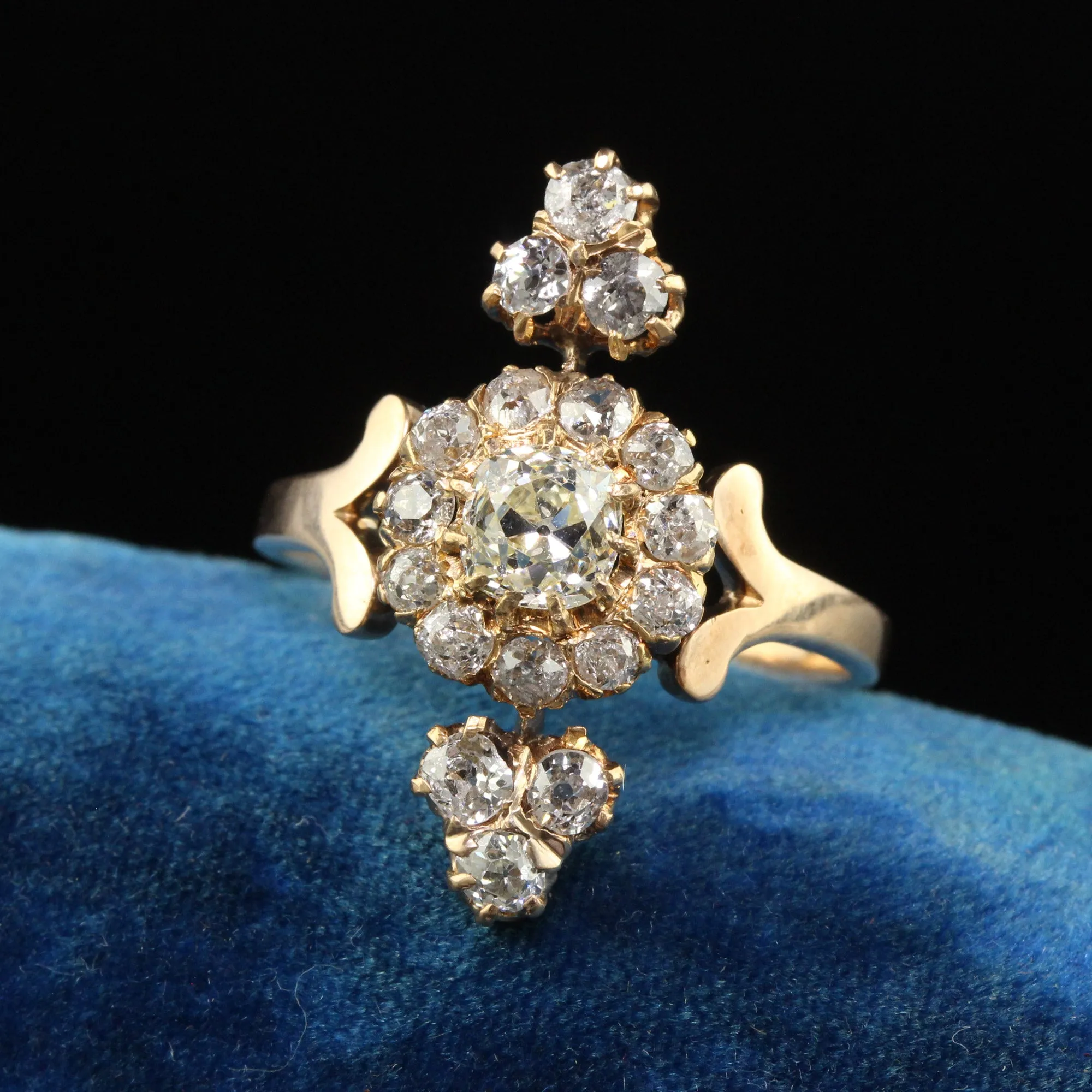 Antique Victorian 18K Yellow Gold Old Mine Cut Diamond Cluster Cocktail Ring