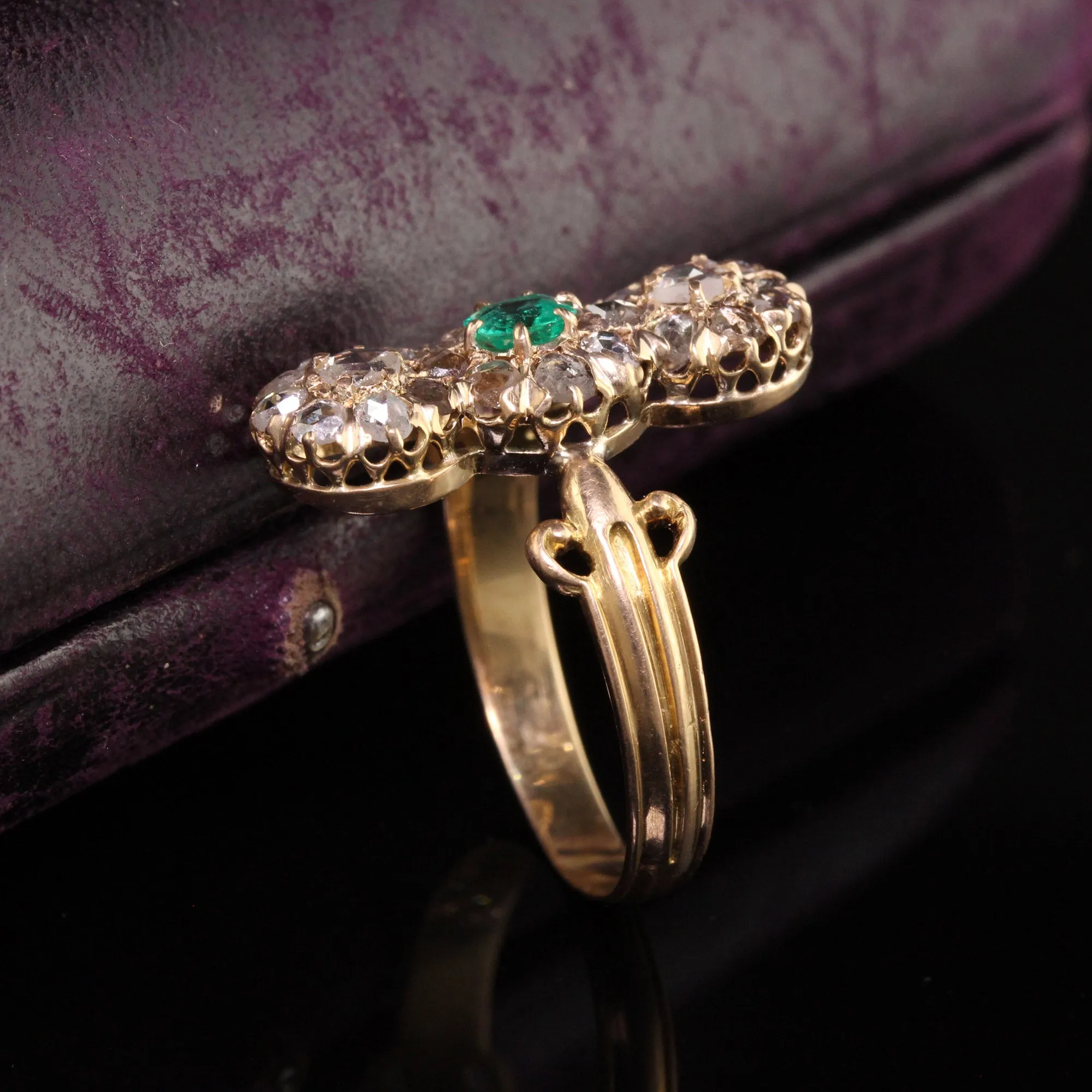 Antique Victorian 18K Yellow Gold Rose Cut Diamond and Emerald Dinner Ring