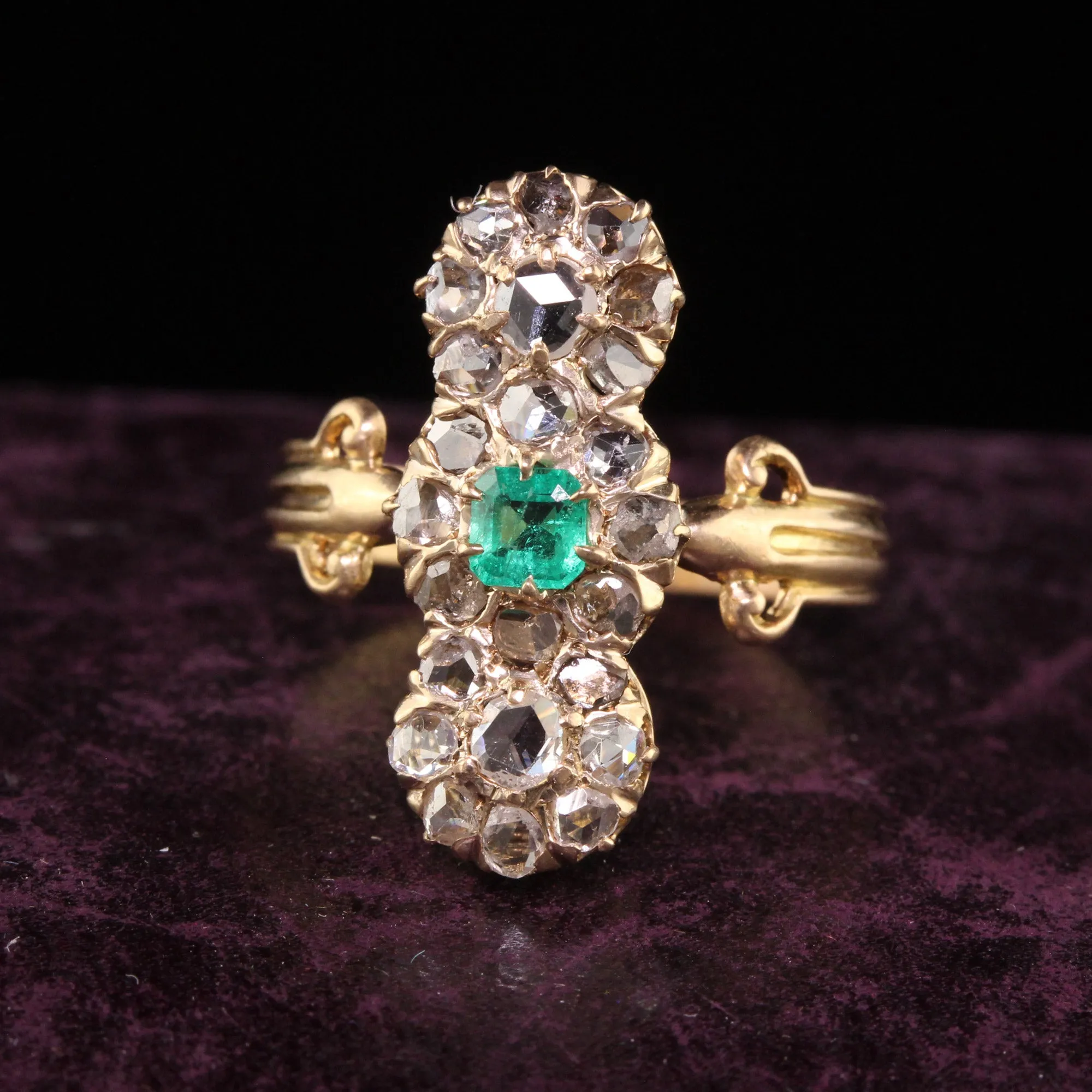 Antique Victorian 18K Yellow Gold Rose Cut Diamond and Emerald Dinner Ring