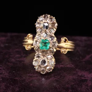 Antique Victorian 18K Yellow Gold Rose Cut Diamond and Emerald Dinner Ring
