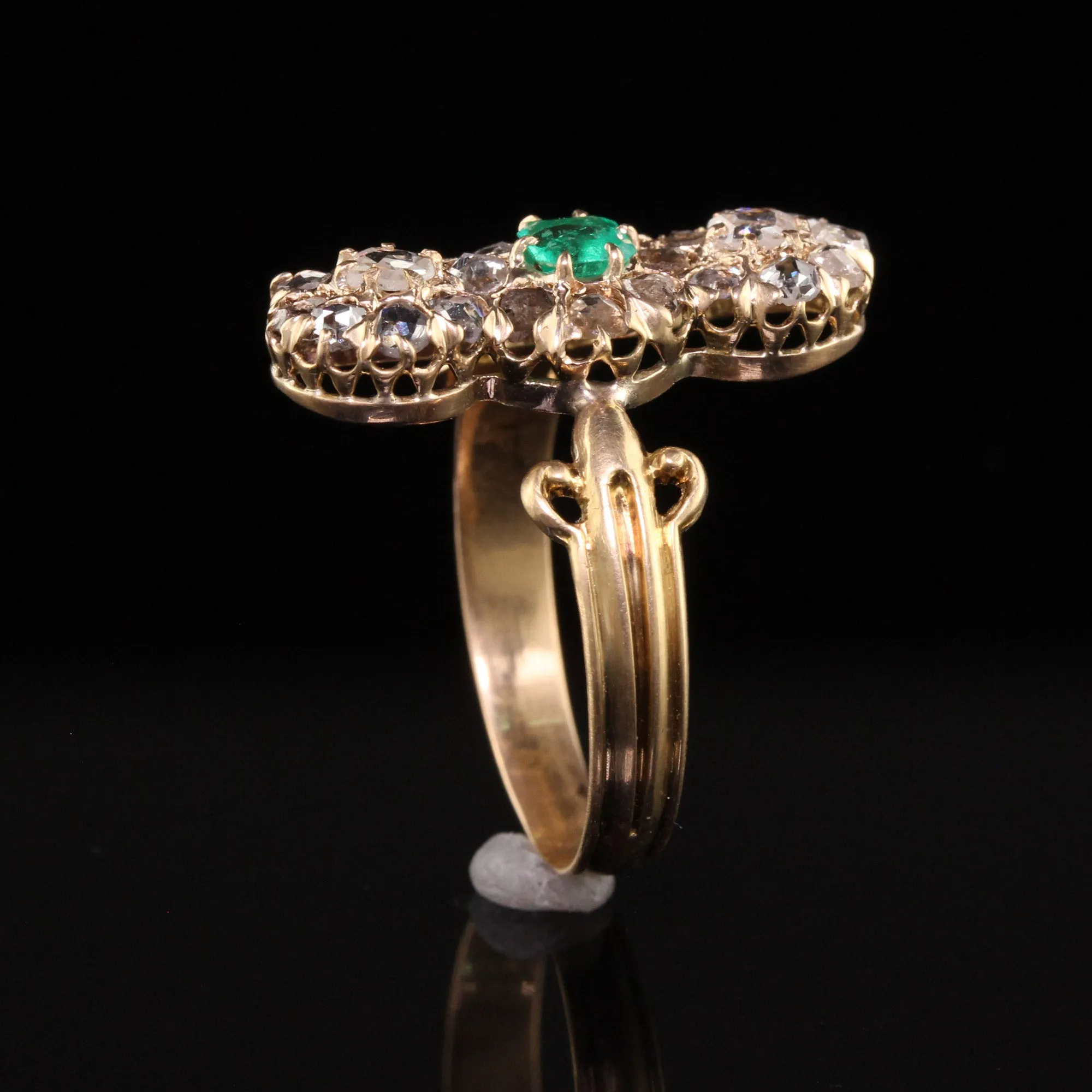 Antique Victorian 18K Yellow Gold Rose Cut Diamond and Emerald Dinner Ring
