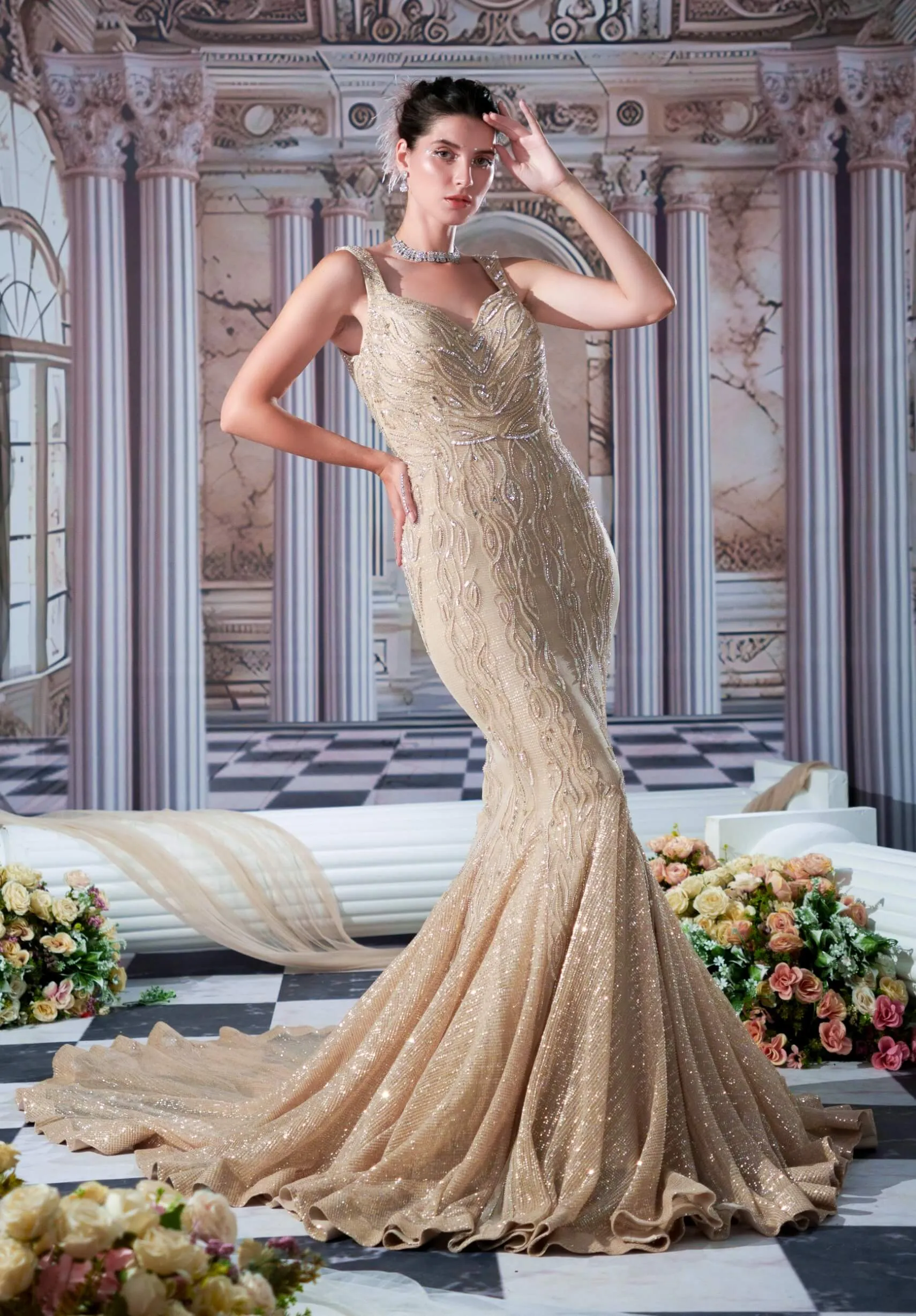 Aphrodite champagne fishcut gown