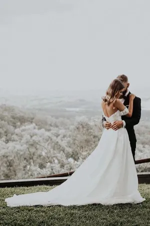 Appliqued Tulle Wedding Dresses Sweep Train A-line Long Bridal Gowns,MW455