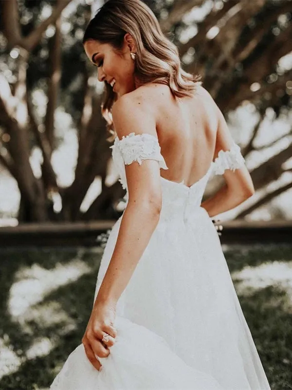 Appliqued Tulle Wedding Dresses Sweep Train A-line Long Bridal Gowns,MW455