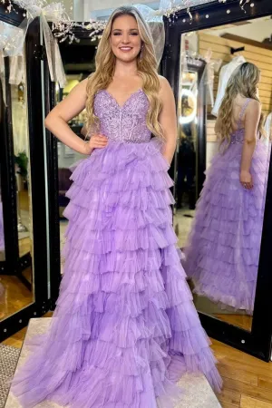 Appliques V-Neck Ruffle Tie Long Prom Dresses