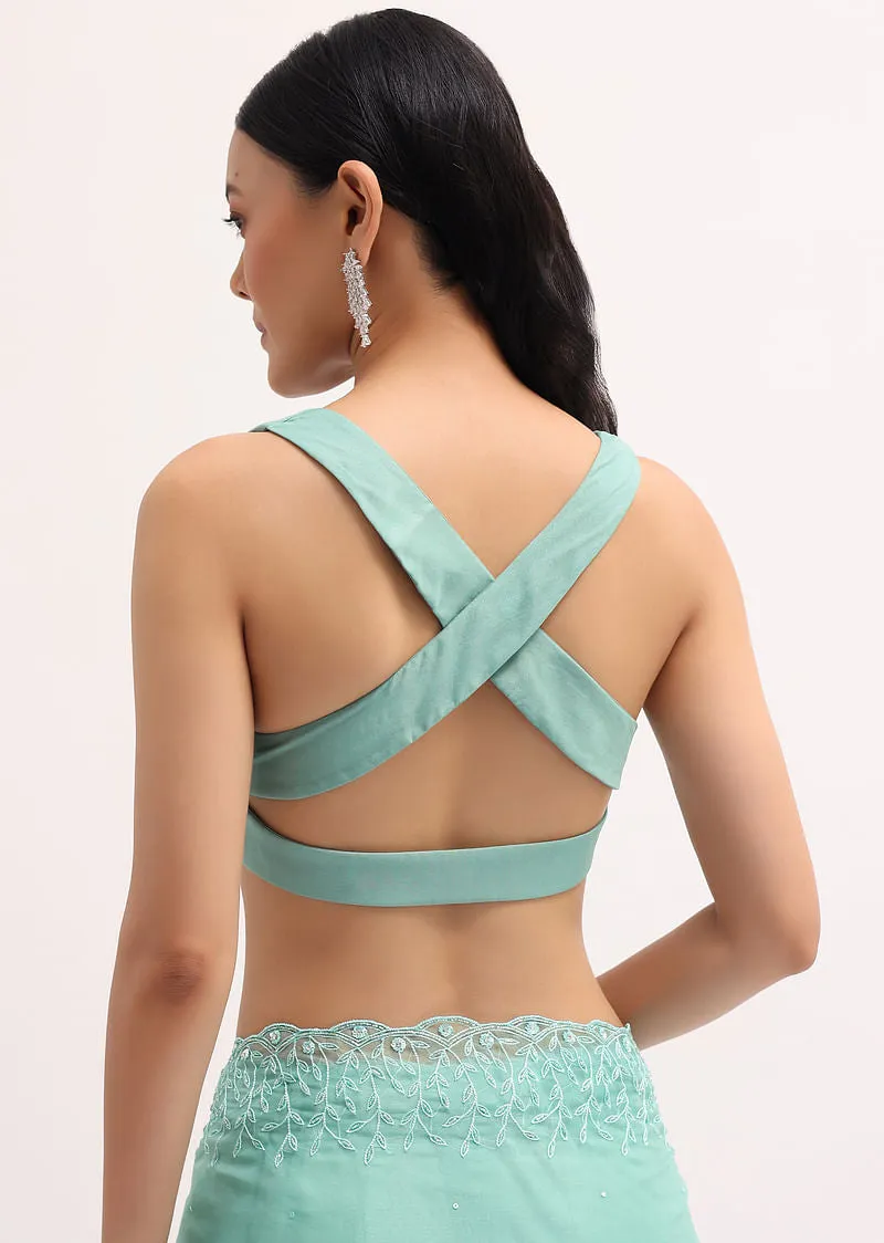 Aqua Blue Embroidered Organza Saree