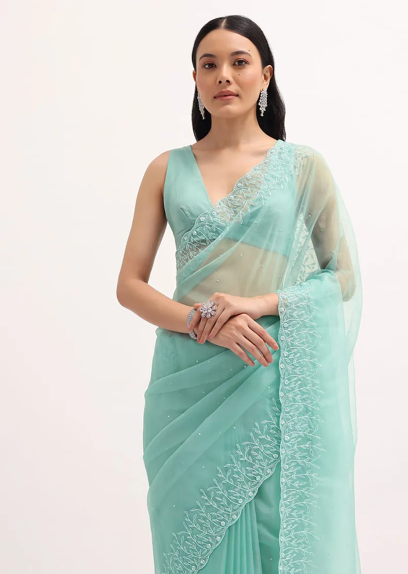 Aqua Blue Embroidered Organza Saree