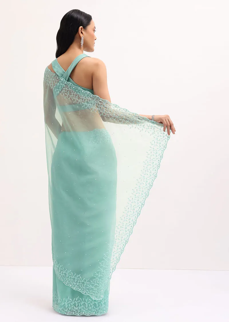 Aqua Blue Embroidered Organza Saree