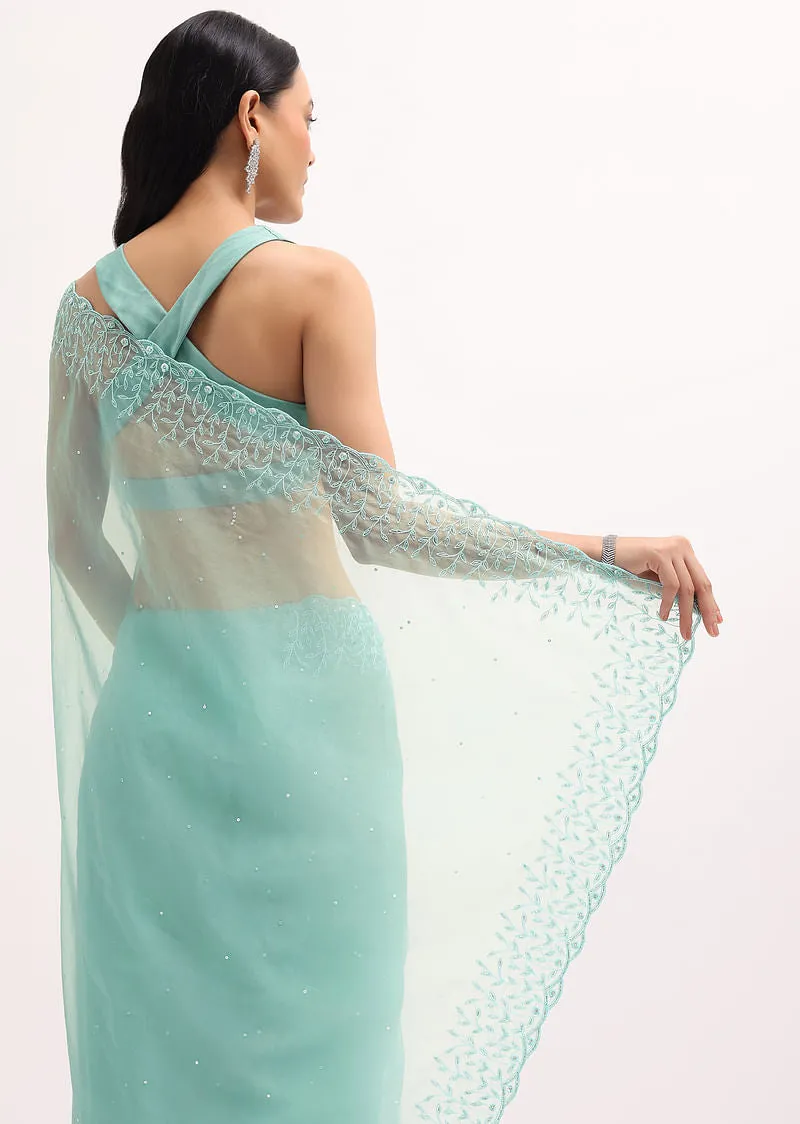 Aqua Blue Embroidered Organza Saree