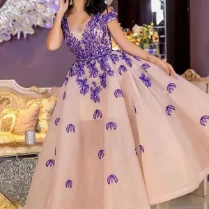 arabic prom dresses 2020 champagne lace applique short sleeve elegant muslim prom gown vestido longo