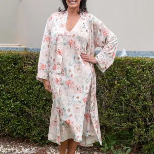 Arianne Printed Satin Long Wrap Robe - Apricot/Peach Print