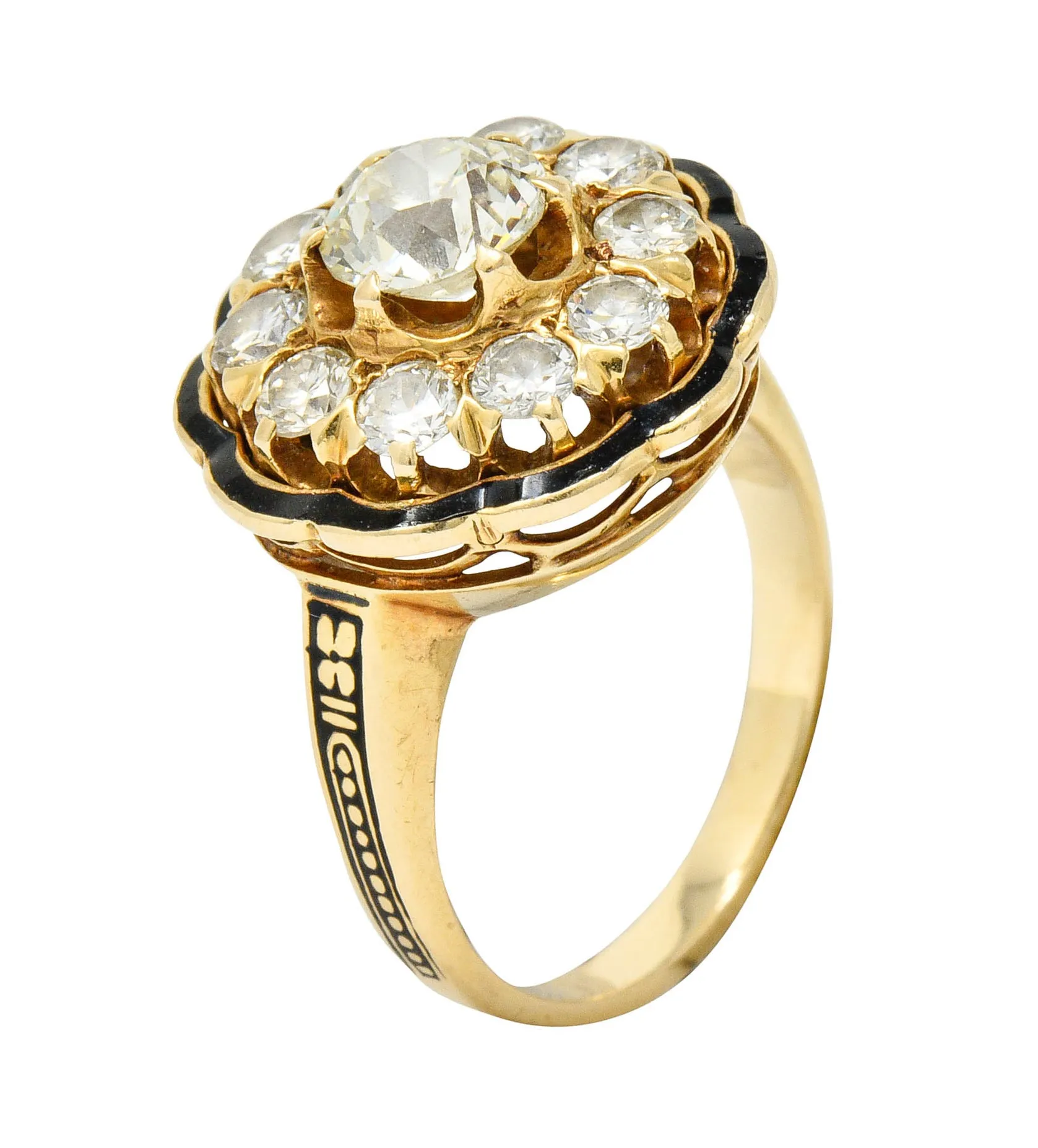 Art Deco Enamel 2.20 CTW Diamond 14 Karat Gold Cluster Ring