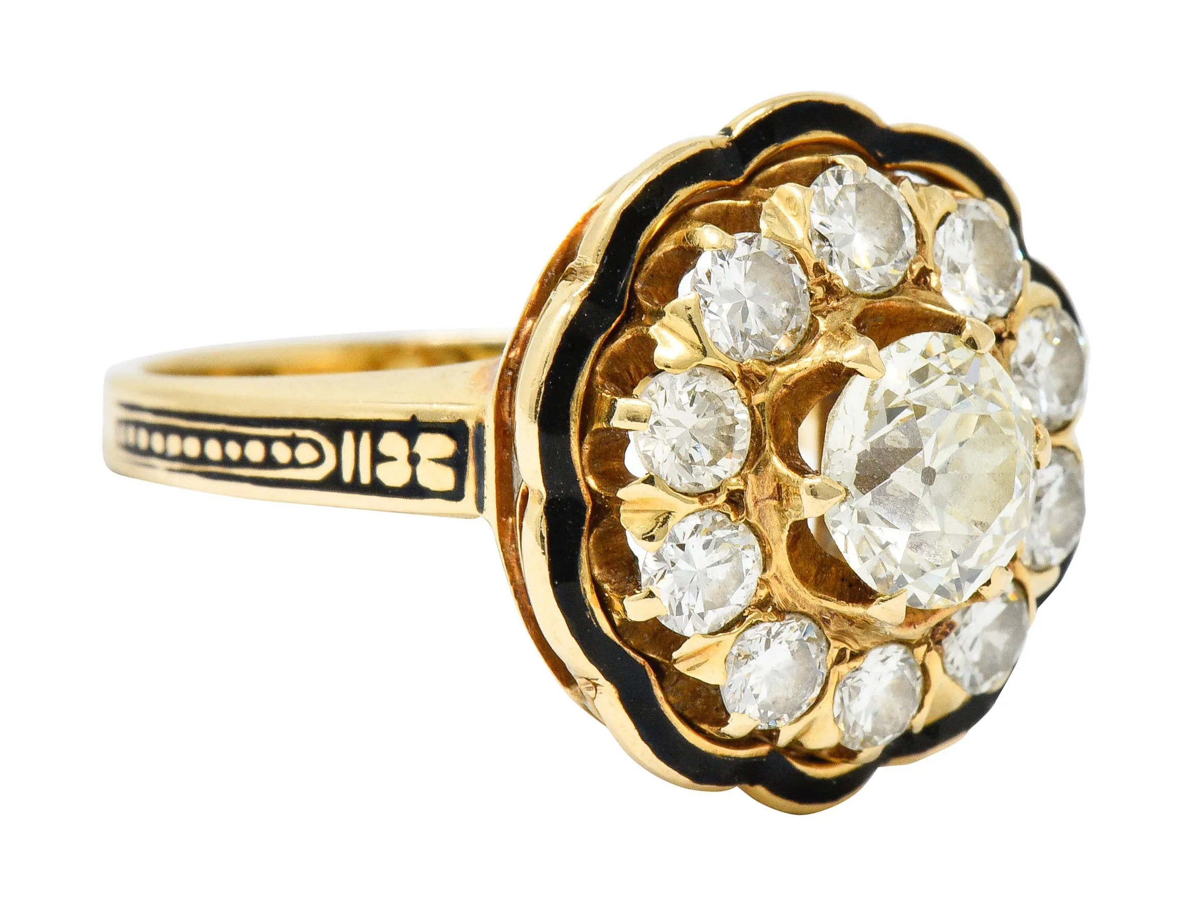 Art Deco Enamel 2.20 CTW Diamond 14 Karat Gold Cluster Ring