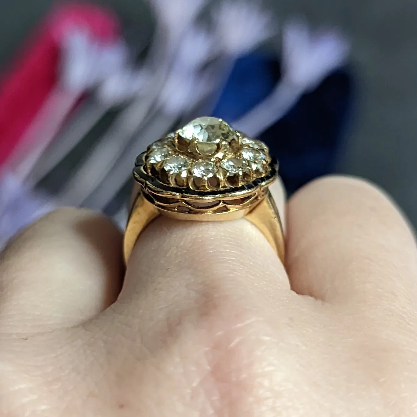 Art Deco Enamel 2.20 CTW Diamond 14 Karat Gold Cluster Ring
