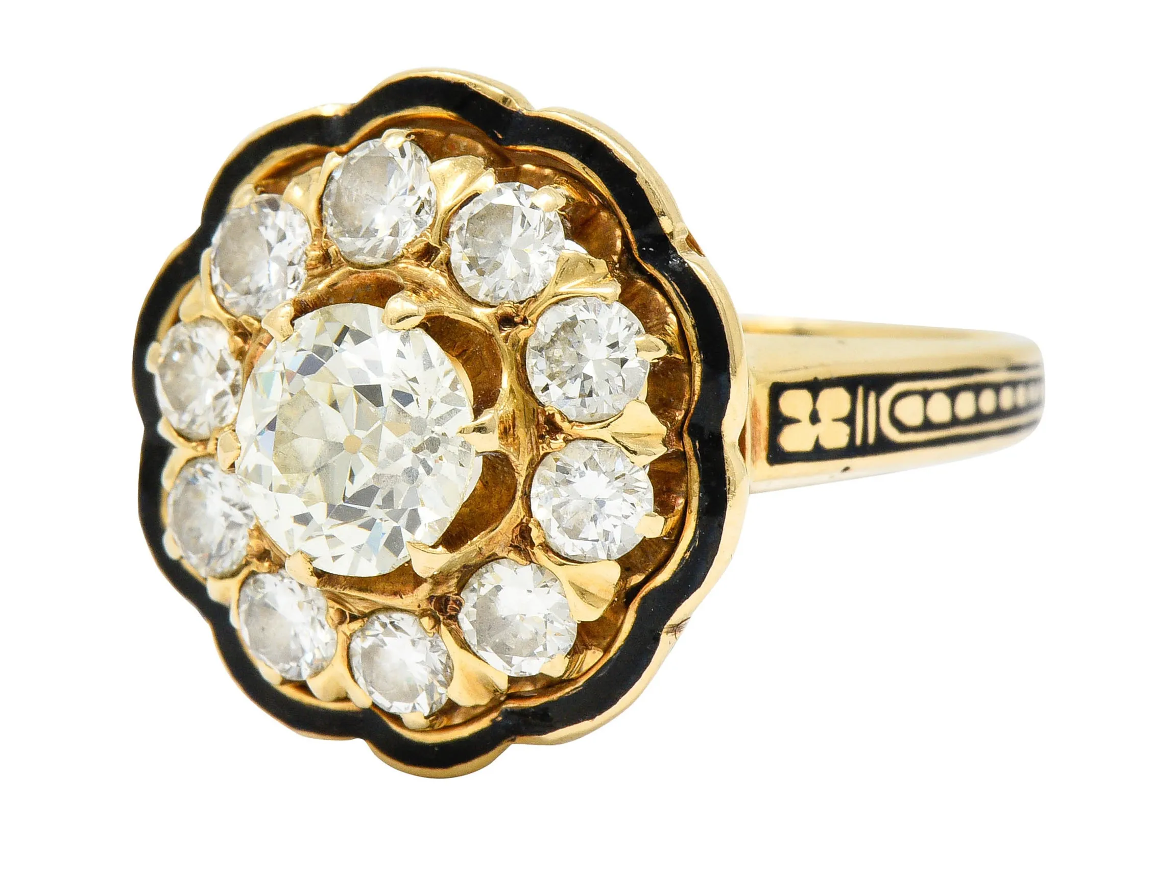 Art Deco Enamel 2.20 CTW Diamond 14 Karat Gold Cluster Ring