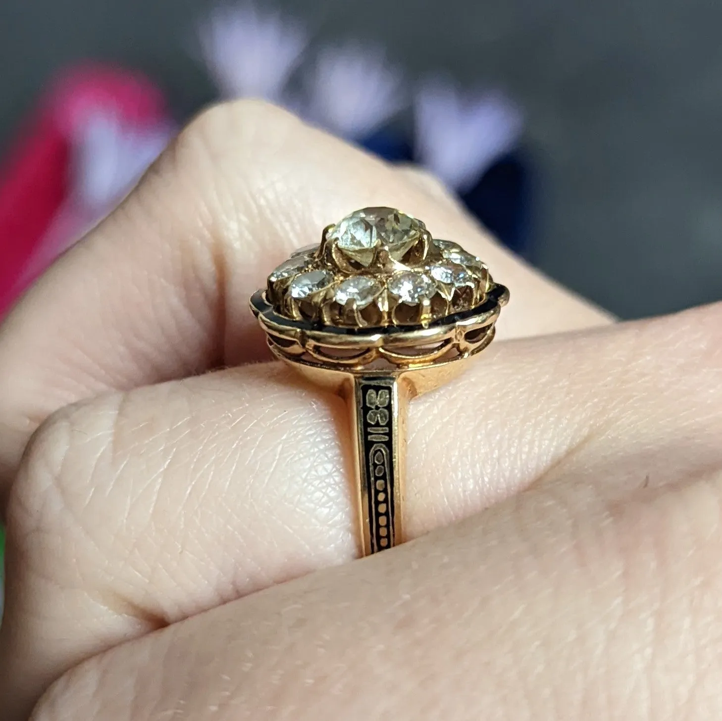Art Deco Enamel 2.20 CTW Diamond 14 Karat Gold Cluster Ring