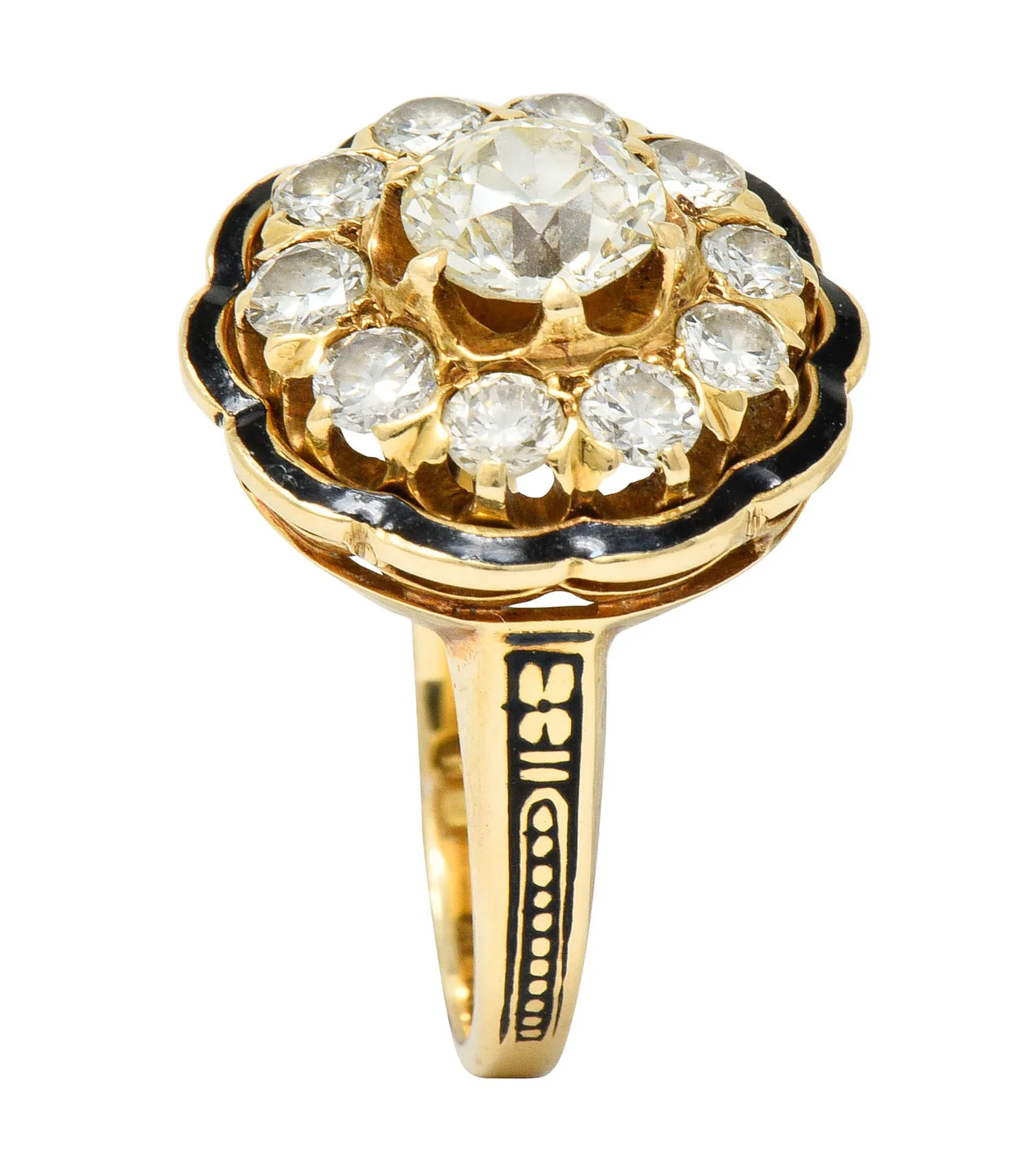 Art Deco Enamel 2.20 CTW Diamond 14 Karat Gold Cluster Ring