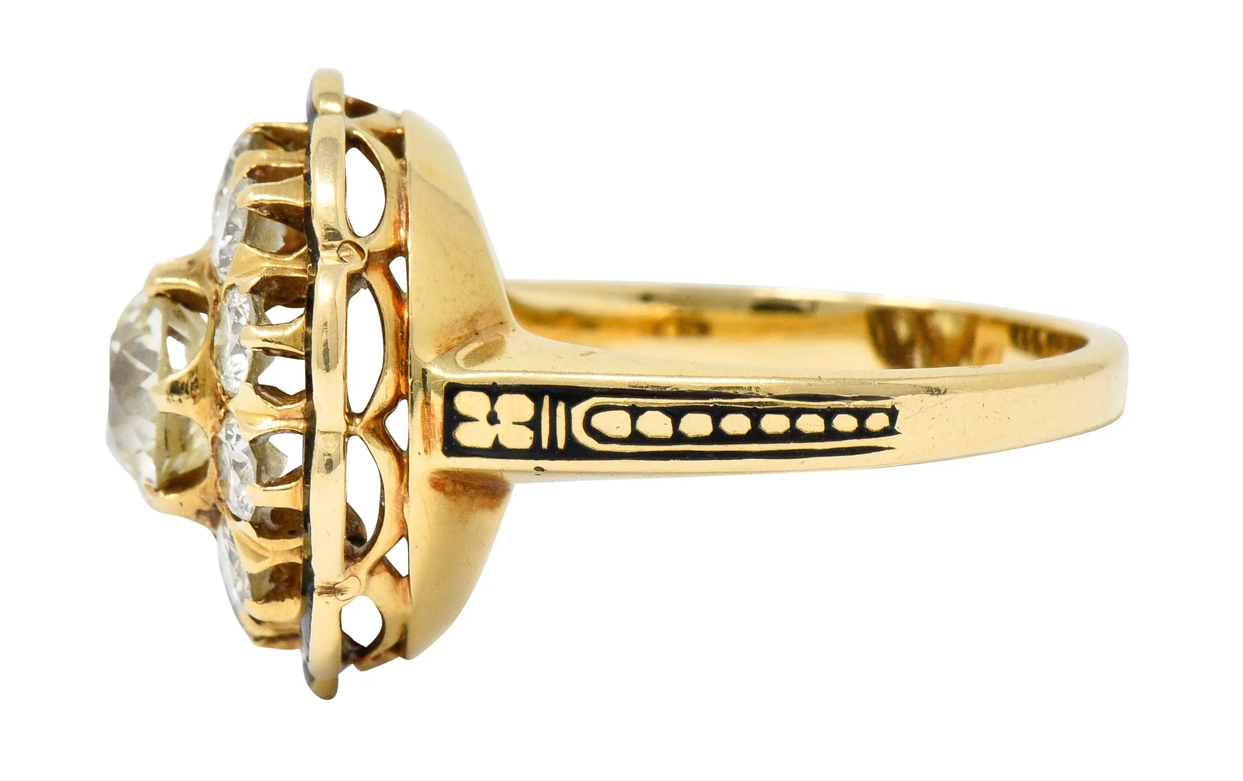 Art Deco Enamel 2.20 CTW Diamond 14 Karat Gold Cluster Ring