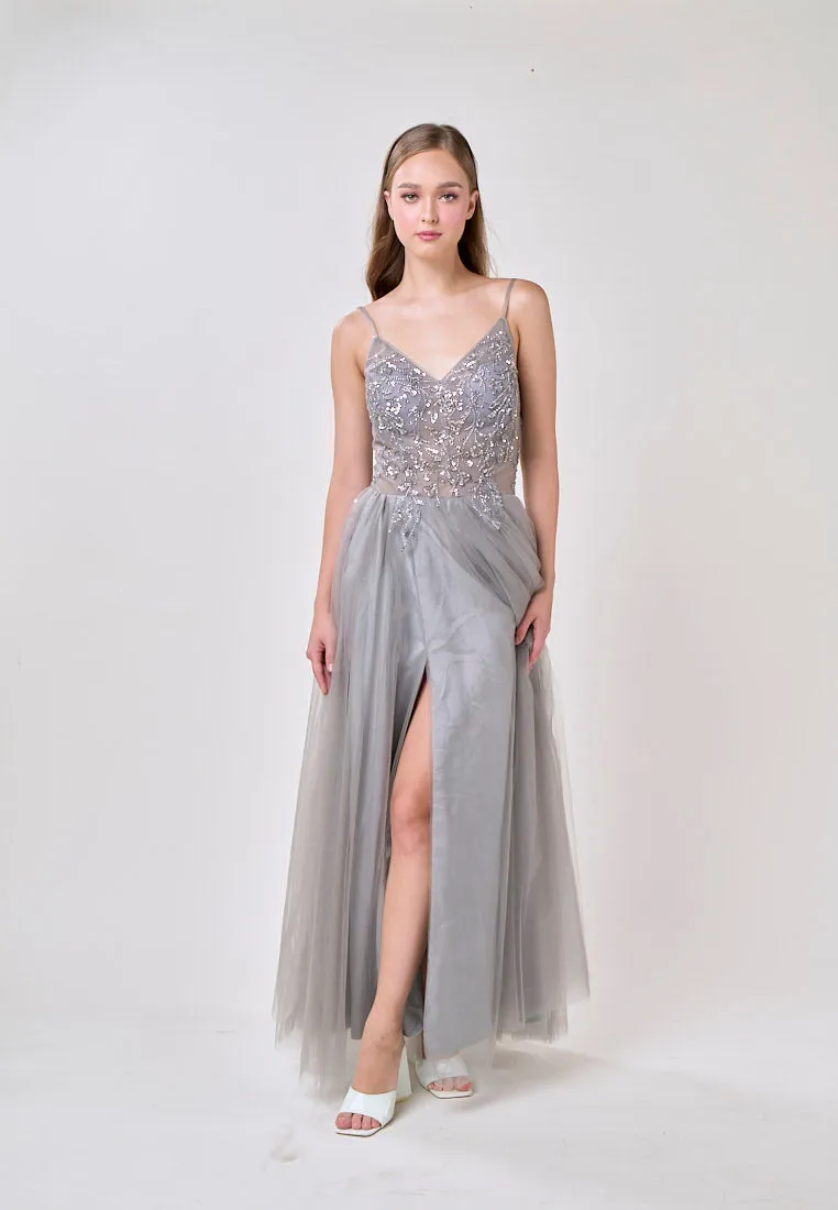 Astrid Gray V-Neck  Sequin Beading Long Slit Tulle Maxi Dress