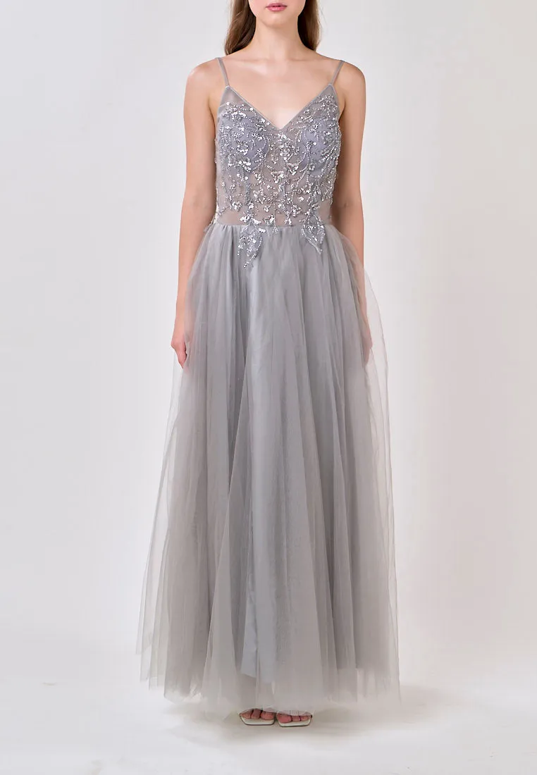 Astrid Gray V-Neck  Sequin Beading Long Slit Tulle Maxi Dress