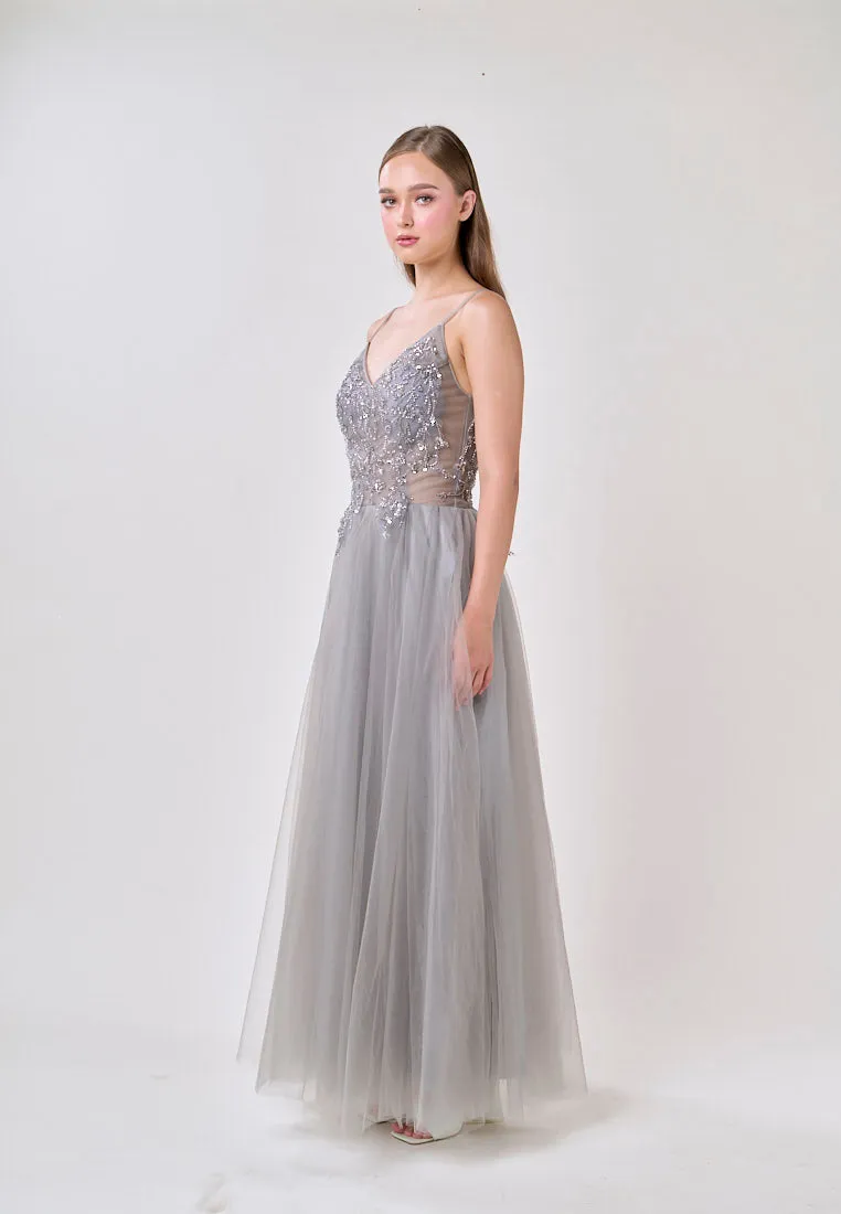 Astrid Gray V-Neck  Sequin Beading Long Slit Tulle Maxi Dress