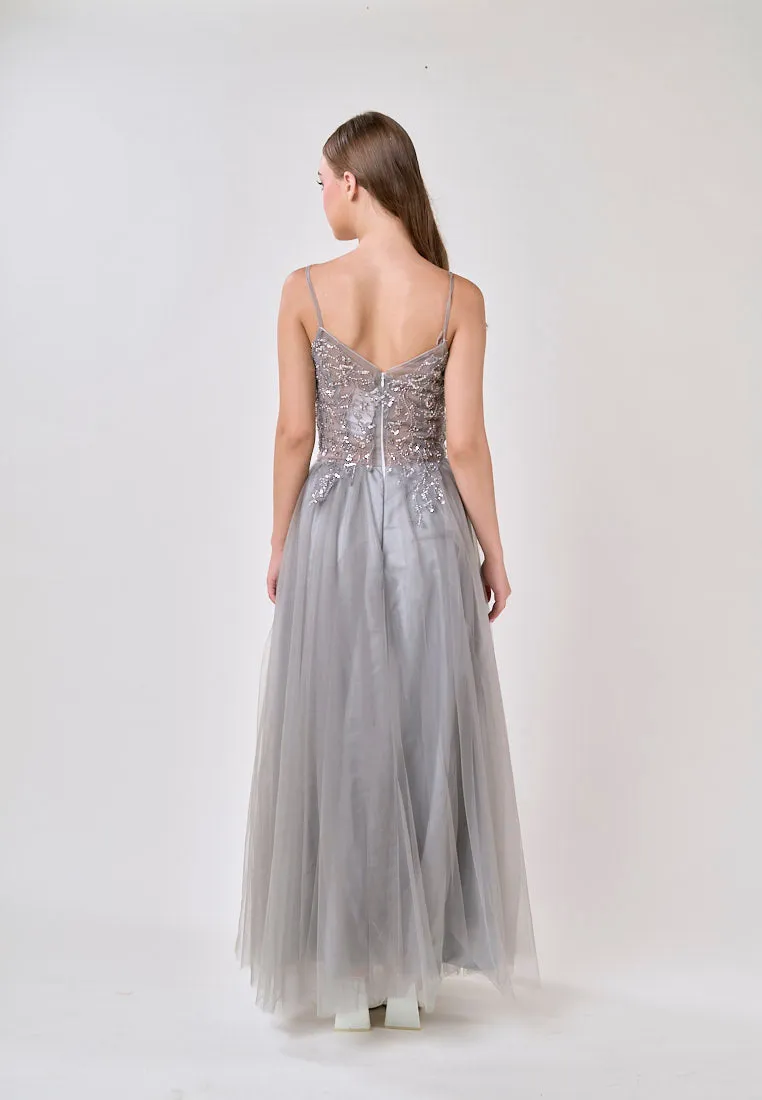 Astrid Gray V-Neck  Sequin Beading Long Slit Tulle Maxi Dress