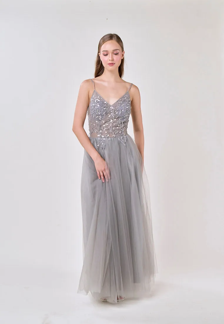 Astrid Gray V-Neck  Sequin Beading Long Slit Tulle Maxi Dress