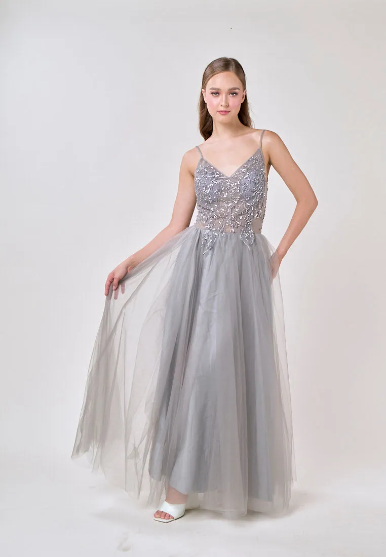 Astrid Gray V-Neck  Sequin Beading Long Slit Tulle Maxi Dress