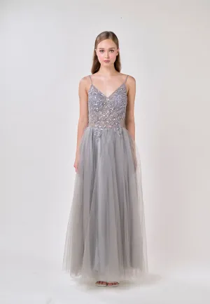 Astrid Gray V-Neck  Sequin Beading Long Slit Tulle Maxi Dress