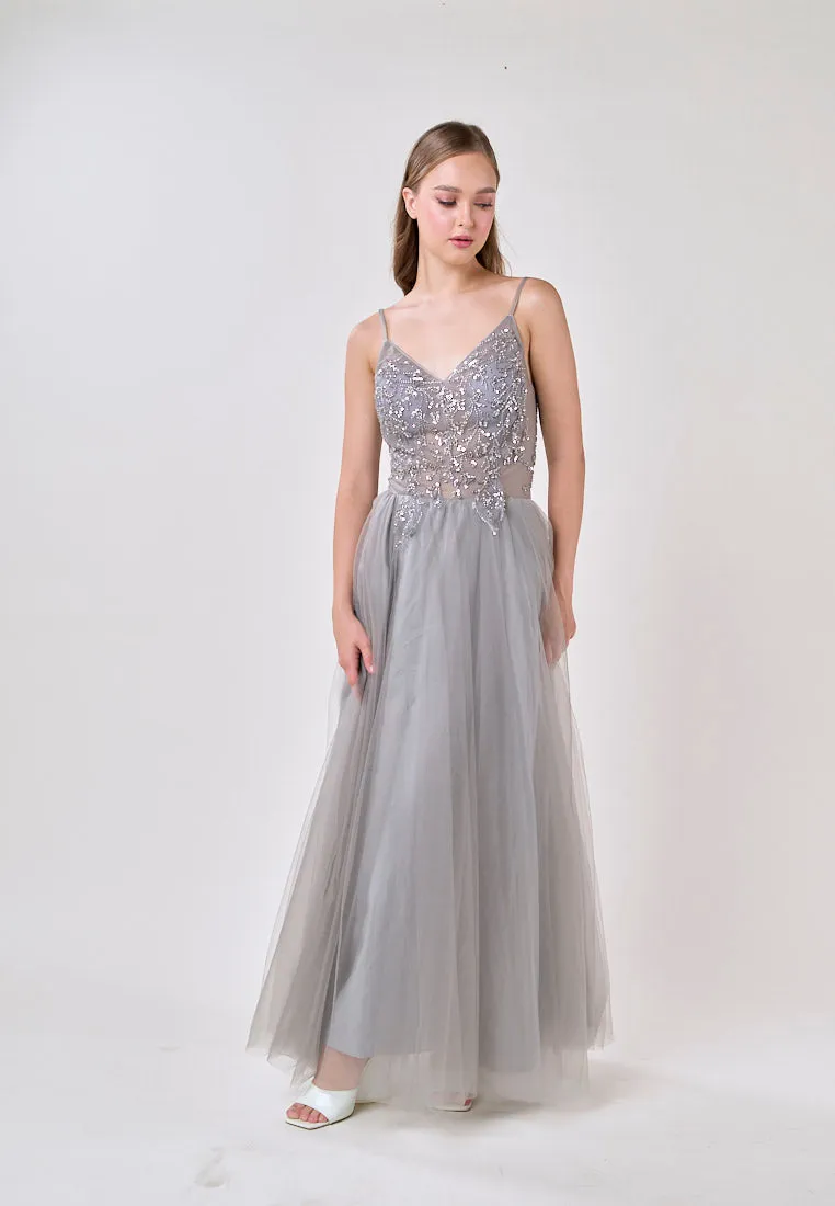 Astrid Gray V-Neck  Sequin Beading Long Slit Tulle Maxi Dress