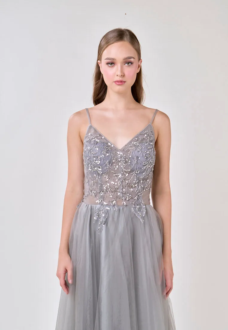 Astrid Gray V-Neck  Sequin Beading Long Slit Tulle Maxi Dress