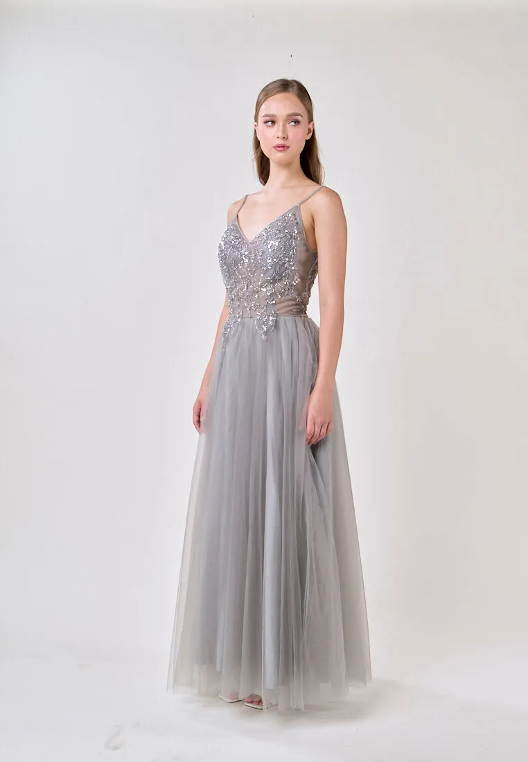 Astrid Gray V-Neck  Sequin Beading Long Slit Tulle Maxi Dress