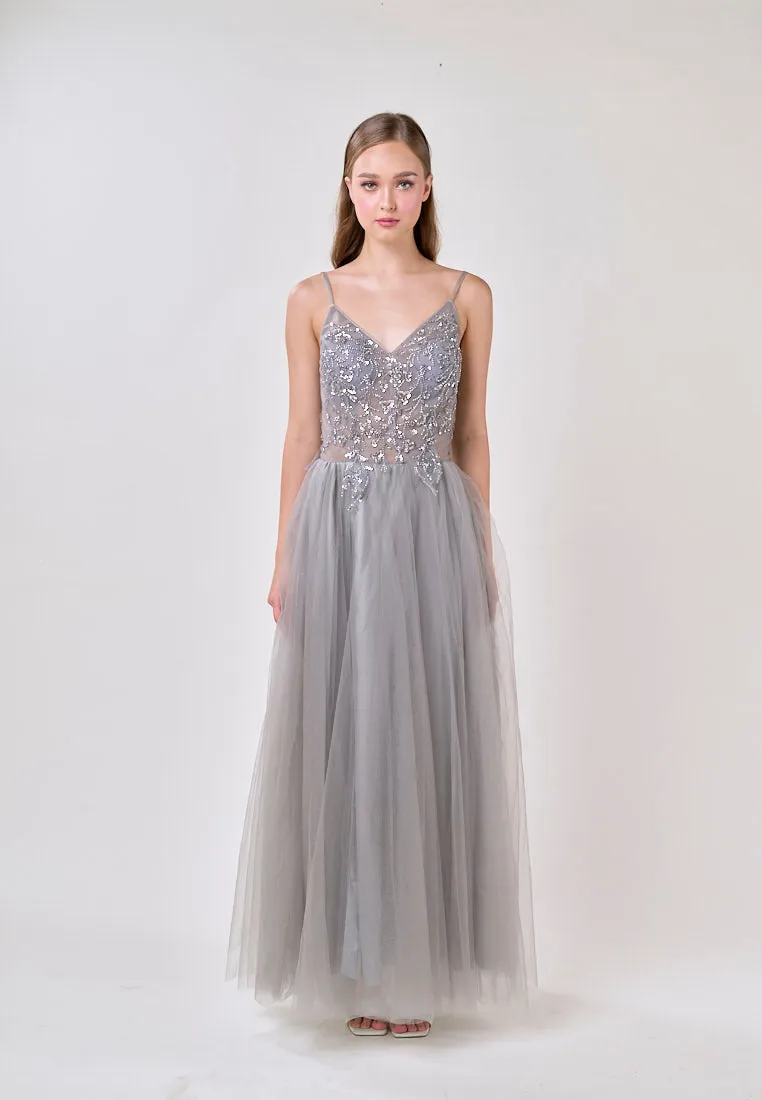 Astrid Gray V-Neck  Sequin Beading Long Slit Tulle Maxi Dress